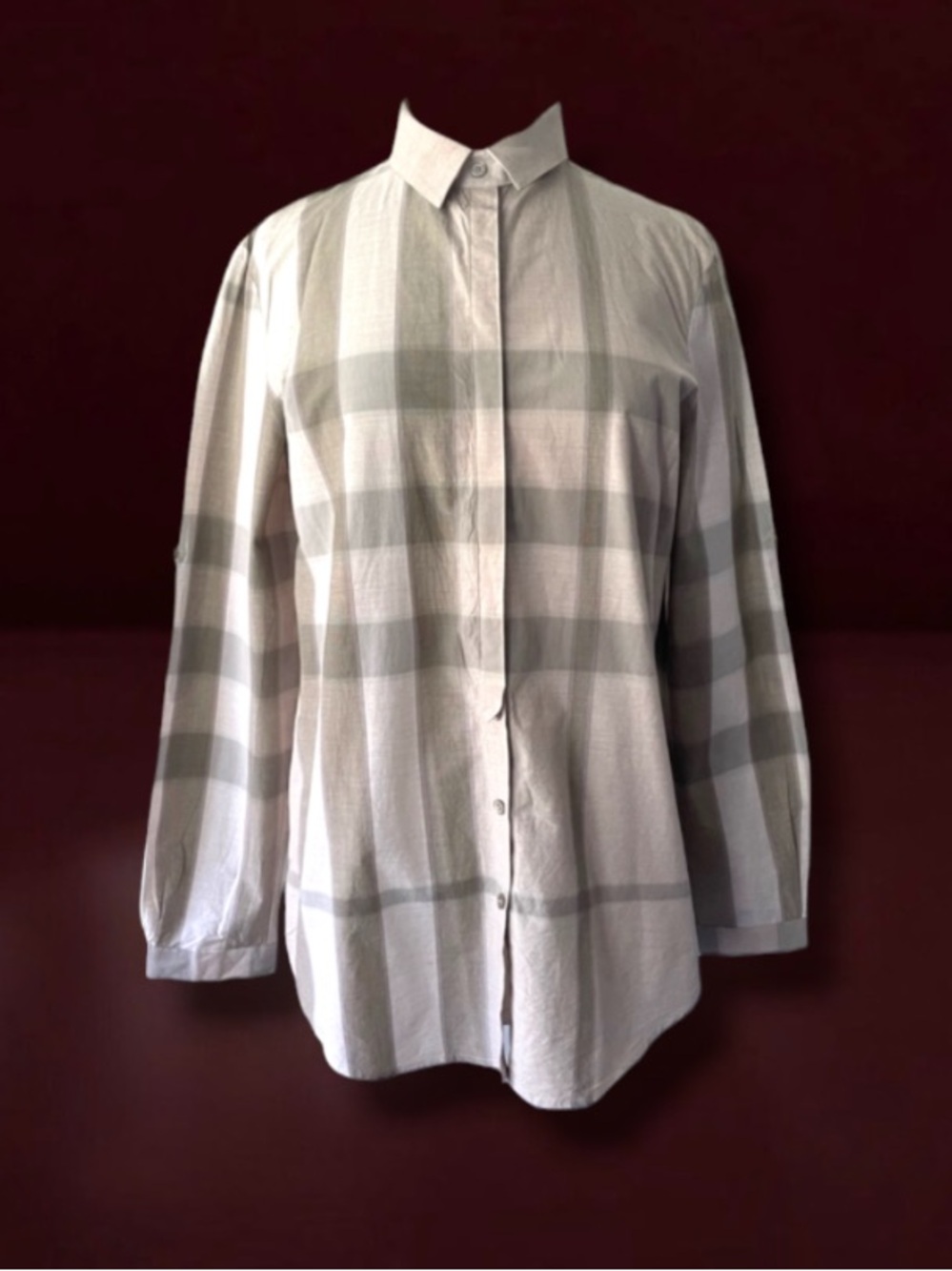BURBERRY BRIT GREY MULTI CHECK PLAID COTTON SHIRT SIZE LARGE